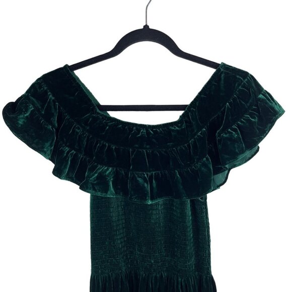NWT Hill House The Akilah Nap Velvet Off The Shoulder Ruffle Dress Emerald XS - Picture 3 of 11